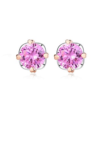 925 Sterling Silver Cubic Zirconia Pink Round Minimalist Stud Earring