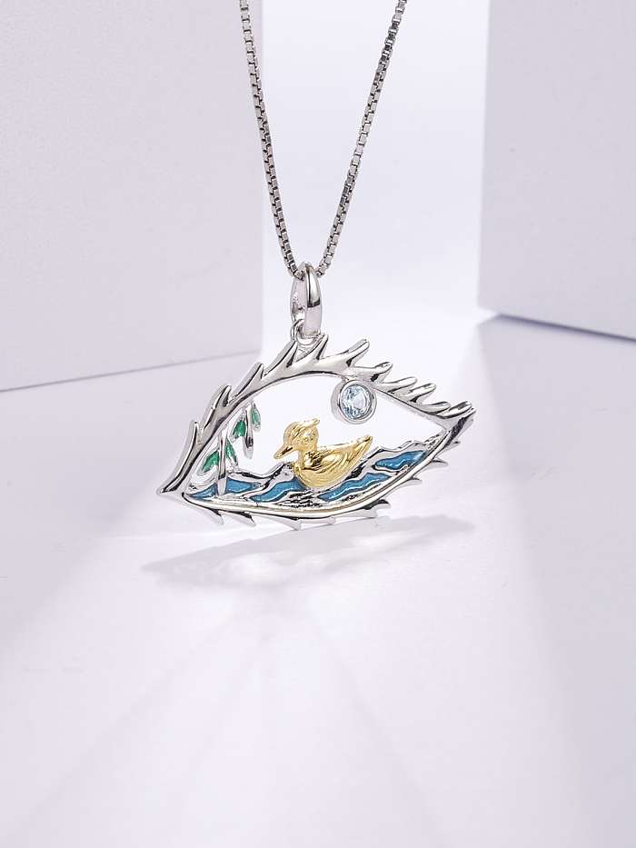 925 Sterling Silver Blue Topaz Enamel Artisan lake in the eyes Pendant Necklace