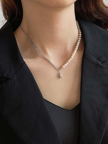 925 Sterling Silver Imitation Pearl Water Drop Minimalist Necklace