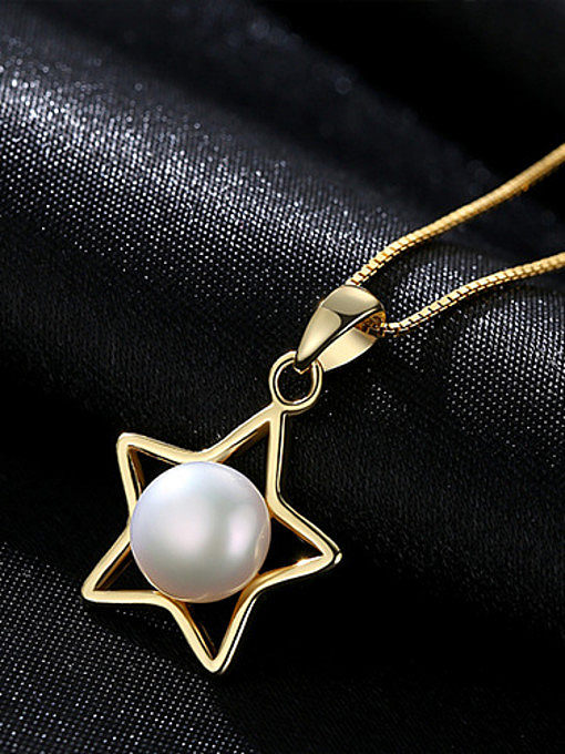 Collar de perlas naturales de plata de ley con pentagrama de 7 a 7.5 mm.