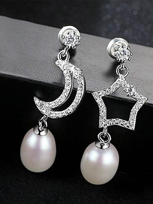 925 Sterling Silver Freshwater Pearl White Star Moon Trend Drop Earring