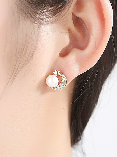 Stern-Mond-Ohrringe mit Mikro-Inlay aus Sterlingsilber mit AAA-Zirkon und natürlichen Perlen