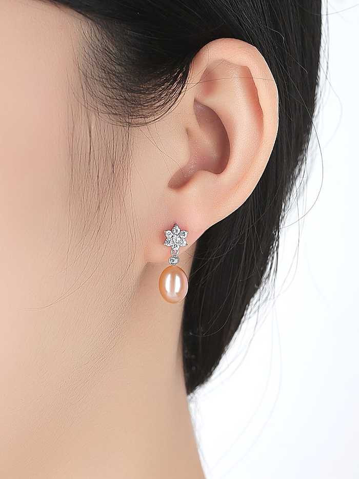 925 Sterling Silver Freshwater Pearl Artificial zircon Flowers earrings