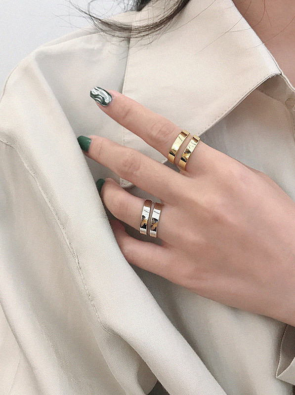 925 Sterling Silver With Gold Plated Simplistic Double Layer Smooth Free Size Rings