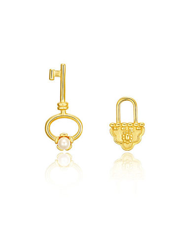 925 Sterling Silver With Gold Plated Personality Key Lock Asymmetry Stud Earrings