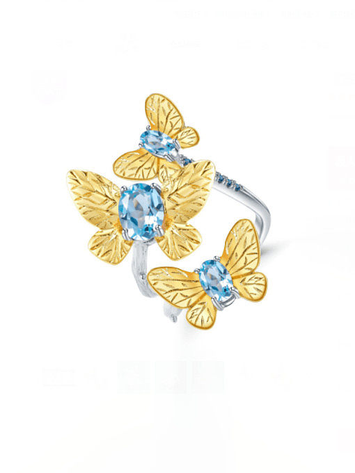 925 Sterling Silver Swiss Blue Topaz Butterfly Artisan Band Ring