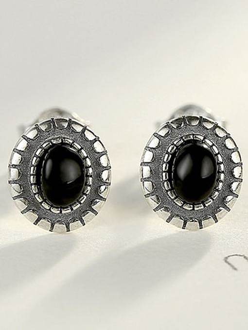 925 Sterling Silver retro oval Obsidian studing Earring