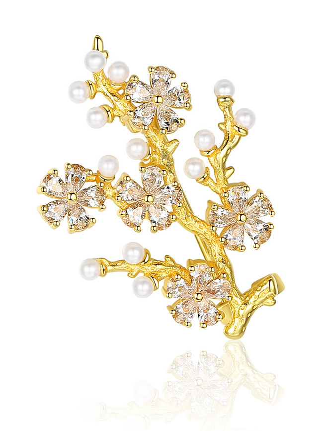 925 Sterling Silver With Artificial Pearl Cubic Zirconia Trendy Small tree Brooches