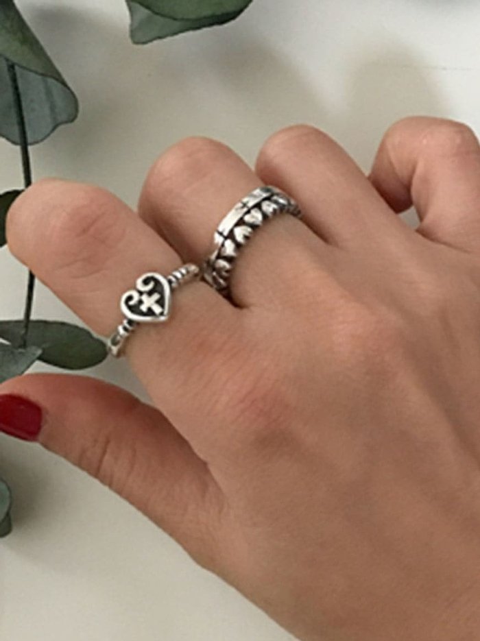 925 Sterling Silver Heart Cross Minimalist Free Size Band Ring