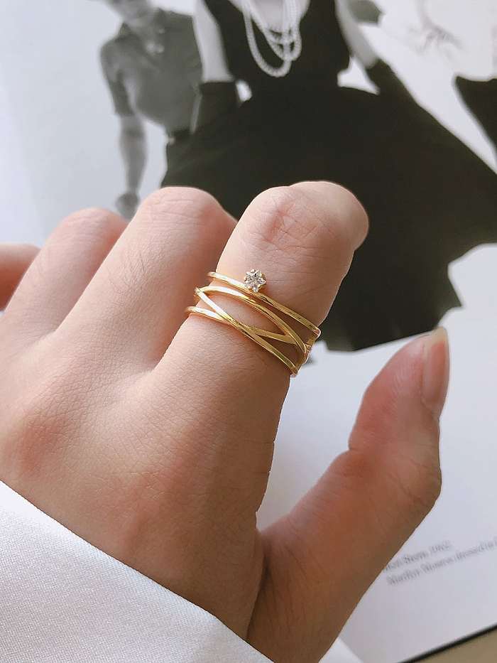 Geometrischer, minimalistischer, stapelbarer Ring aus 925er Sterlingsilber mit Strasssteinen