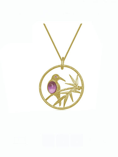 Collier pendentif rond artisan oiseau améthyste en argent sterling 925