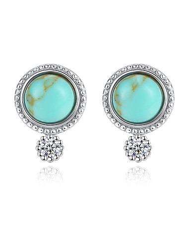 925 Sterling Silver With Turquoise Vintage Sliver Round Stud Earrings