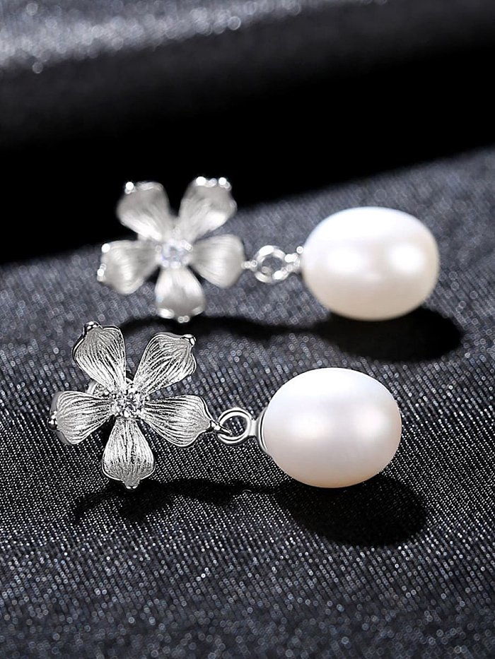 925 Sterling Silver Freshwater Pearl Flower Vintage Drop Earring