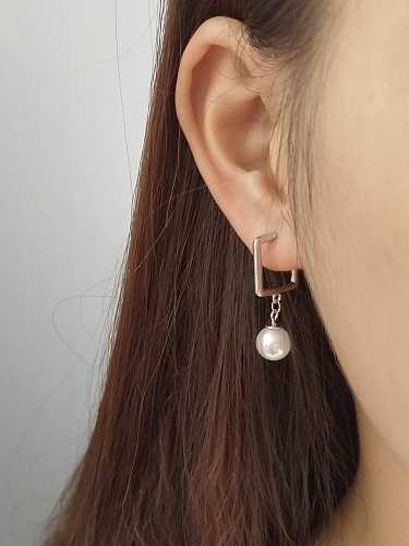 Boucle d'oreille carrée minimaliste en argent sterling 925 avec perle d'imitation