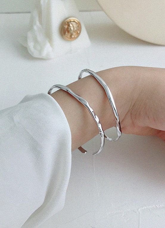 925 Sterling Silver With Convex-Concave Simplistic Round Free Size Bangles