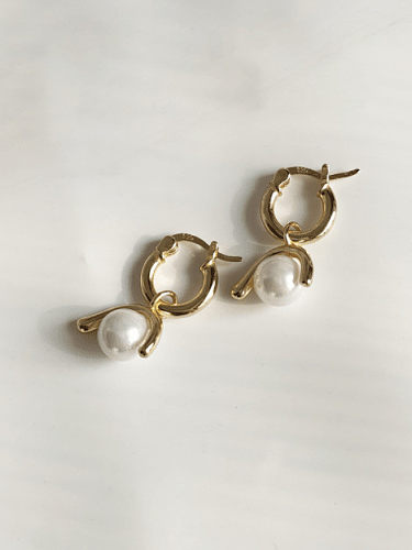Boucles d'oreilles Huggie vintage géométriques en argent sterling 925 avec perle d'imitation