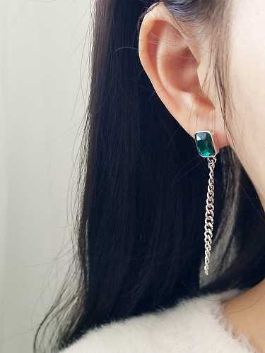 925 Sterling Silver Green Diamond N Chain Tassel Minimalist Threader Earring