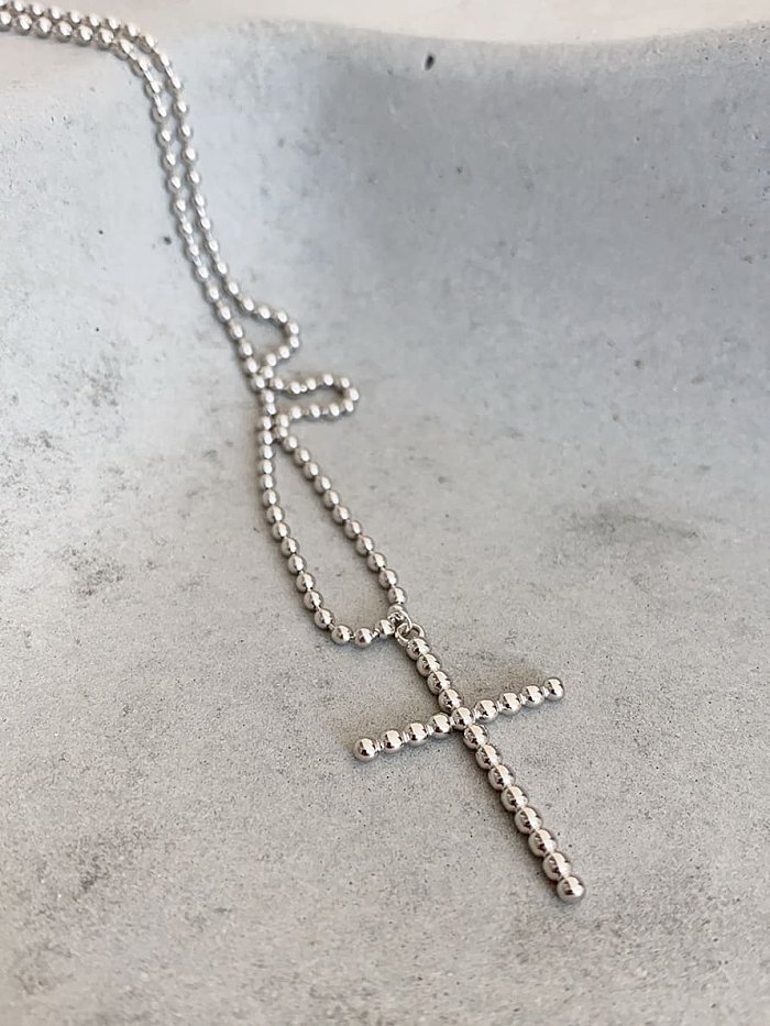 Collier en argent sterling 925 avec chaîne de perles et croix vintage à long brin