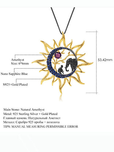 925 Sterling Silver Natural Stone Elephant Vintage Sun Pendant Necklace