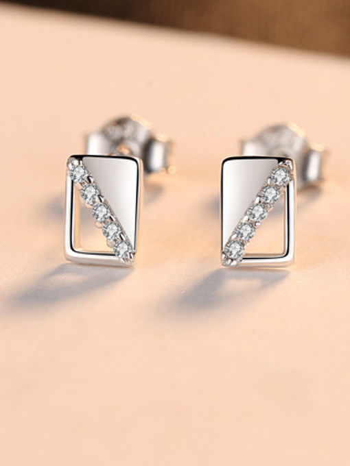 925 Sterling Silver With Rhinestone Simplistic Square Stud Earrings