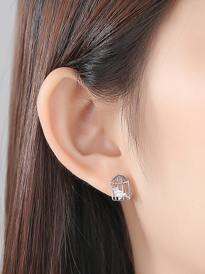 925 Sterling Silver With Cubic Zirconia Simplistic Court bird cage asymmetry Stud Earrings