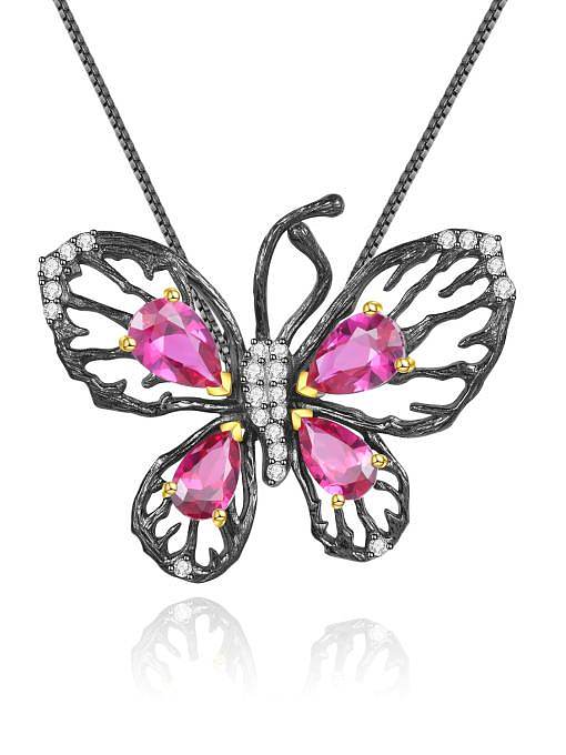 925 Sterling Silver Garnet Vintage Butterfly Pendant Necklace