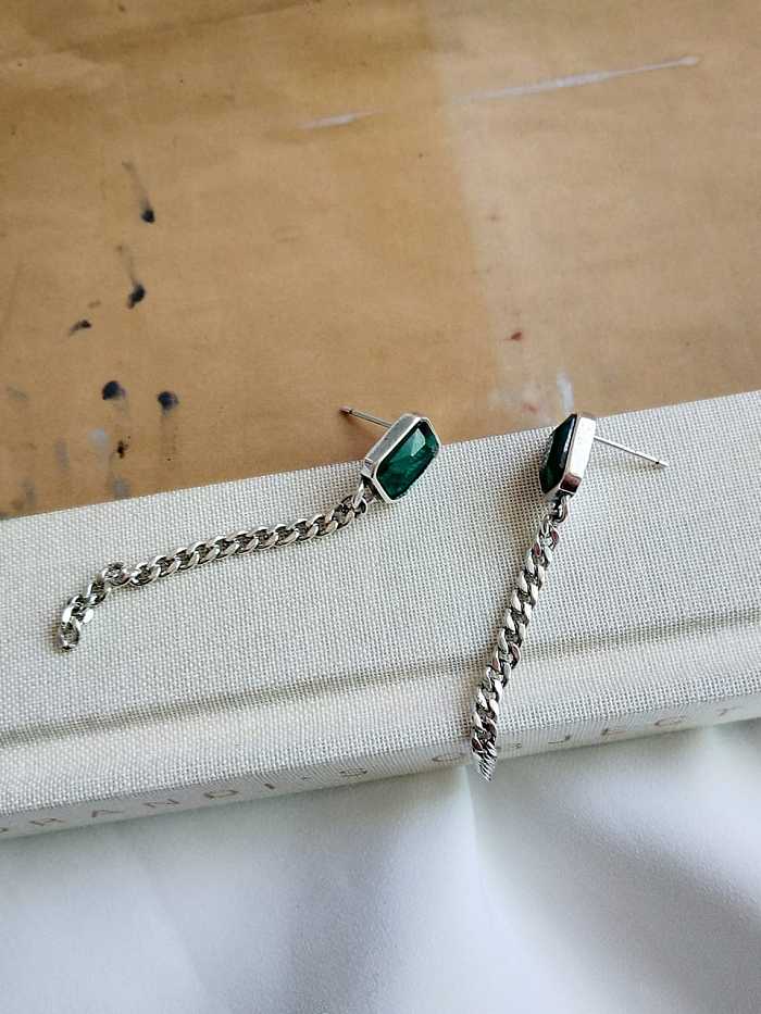 925 Sterling Silver Green Diamond N Chain Tassel Minimalist Threader Earring