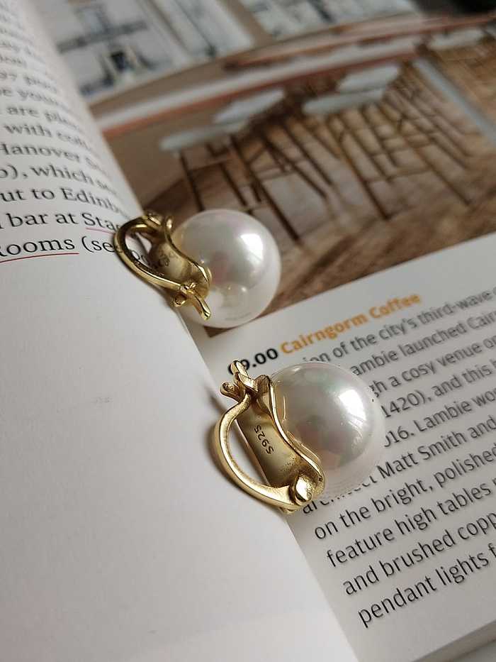 Boucles d'oreilles en argent sterling 925 avec perle d'imitation, grosse perle de coquillage, petit bouton doré