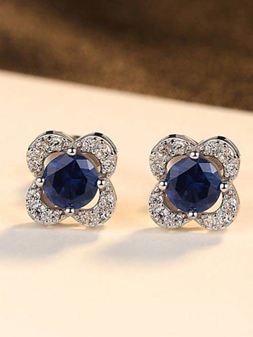 925 Sterling Silver Cubic Zirconia Blue Flower Luxury Stud Earring