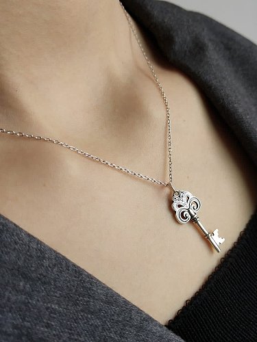 925 Sterling Silver Irregular Vintage Key Pendant Necklace