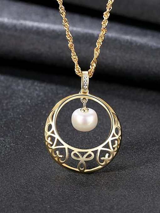 925 Sterling Silver Freshwater Pearl Hollow Round Pendant Necklace