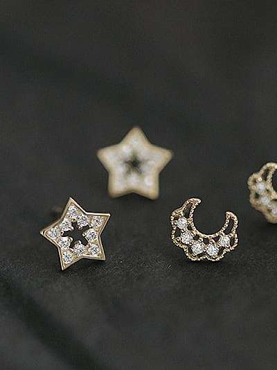 925 Sterling Silver Cubic Zirconia Star Moon Dainty Stud Earring