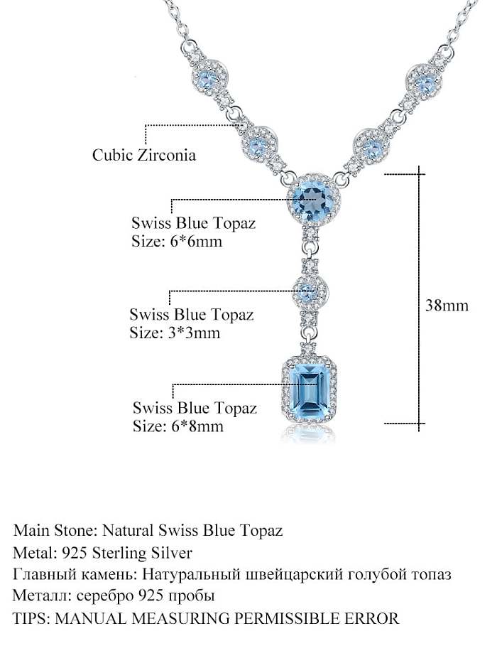 Collier de luxe géométrique en topaze bleue suisse en argent sterling 925