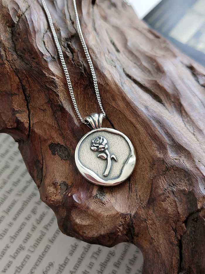 925 Sterling Silver Round Brand Rose Necklace
