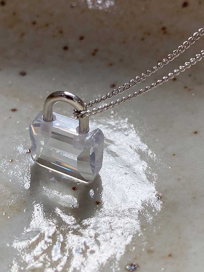Colar mini cadeado retangular de acrílico prata esterlina 925