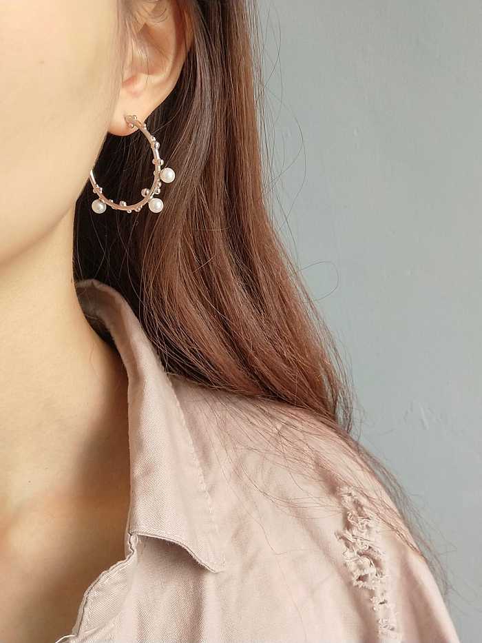 925 Sterling Silver Imitation Pearl Geometric Vintage Hoop Earring