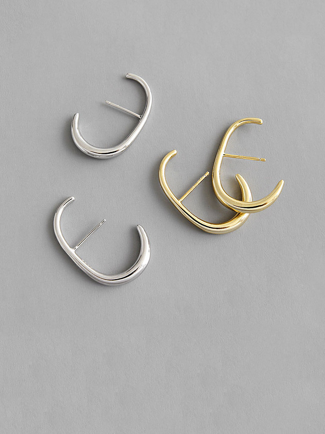 925 Sterling Silver With Smooth Simplistic C Geometric Stud Earrings