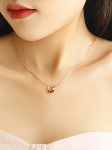 925 Sterling Silver Cubic Zirconia Red Geometric Dainty Necklace