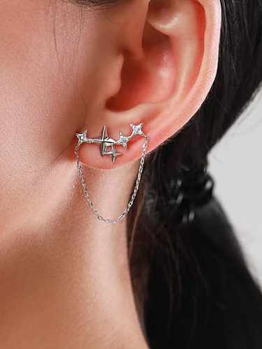 925 Sterling Silver Cubic Zirconia Asymmetric Pentagram Tassel Minimalist Stud Earring