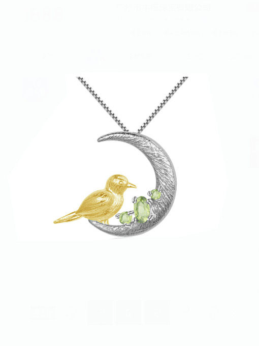 Collier pendentif lune artisan oiseau péridot en argent sterling 925