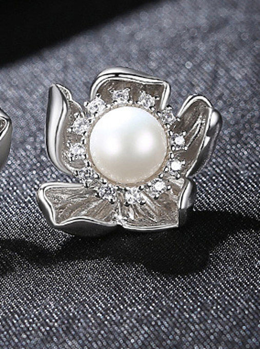 925 Sterling Silver With Artificial Pearl Delicate Flower Stud Earrings