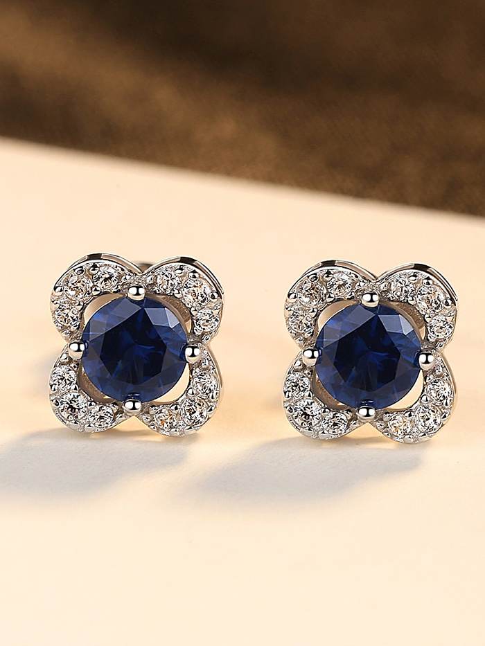 925 Sterling Silver Cubic Zirconia Blue Flower Luxury Stud Earring