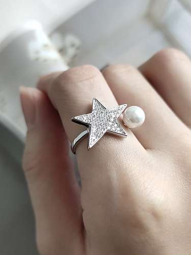925 Sterling Silver Minimalist Pentagram Imitation Pearl Free Size Ring