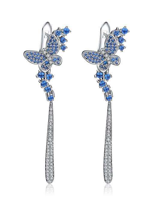 925 Sterling Silver Nano Swiss Blue Topaz Butterfly Tassel Artisan Cluster Earring