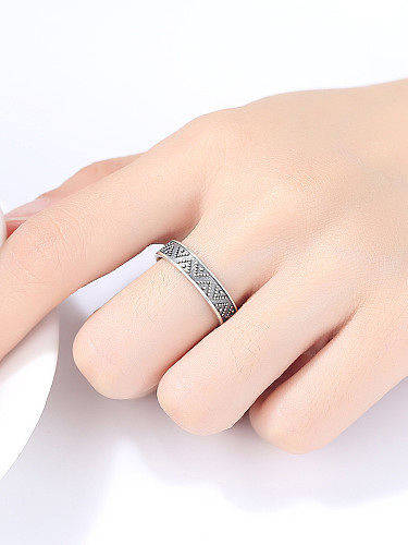 925 Sterling Silver With Antique Silver Plated Vintage Simple Pattern Free Size Rings