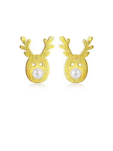 Boucles d'oreilles en argent sterling 925 avec perle artificielle simpliste Cartoon Antlers