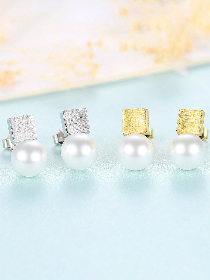 925 Sterling Silver With Artificial Pearl Simplistic Square Stud Earrings
