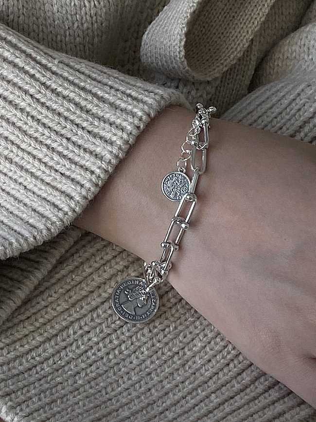 Pulsera de eslabones de moneda de reina vintage geométrica de plata de ley 925