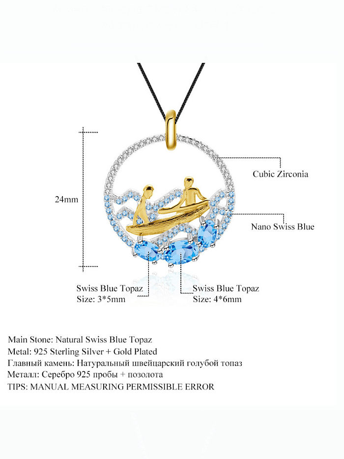 Collier à motif abstrait géométrique de luxe en argent sterling 925 avec topaze bleue suisse