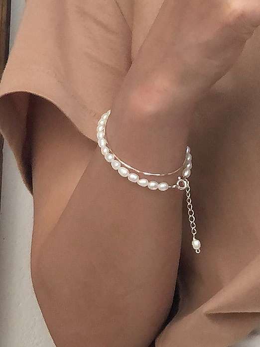 Bracelet perlé minimaliste rond en argent sterling 925 avec perle d'imitation